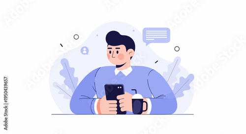 Young person with phone and drink surrounded by abstract shapes