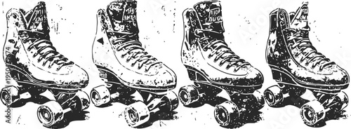 vintage roller skates set classic quad skates with high tops and laces, black and white illustration