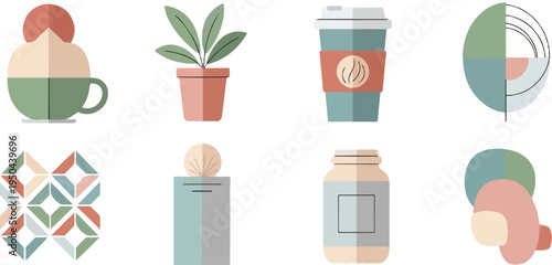 Flat icons a drink, plant, coffee cup, abstract circle, pattern, shell, jar, and abstract figure