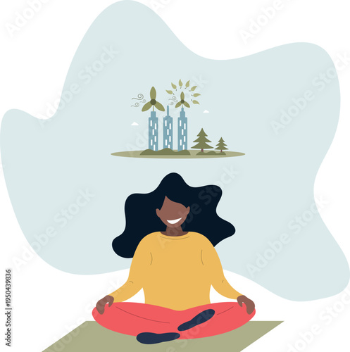 Green new deal or GND with sustainable climate policy.Urban city with recyclable power sources and social nature activism .person's life situation and his activities.