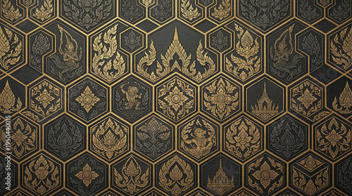 Thai geometric pattern background showcasing luxurious gold and dark black traditional cultural motifs, intricate relief texture, and ornate hexagon shapes for elegant visual.