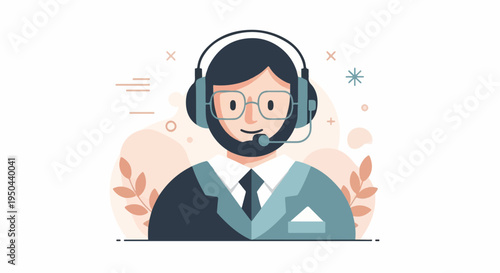 Friendly person wearing headset and suit, abstract art