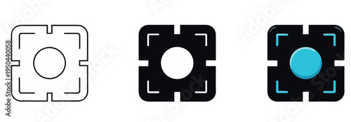 Square icons with circular centers in outline solid and blue filled styles representing digital button states
