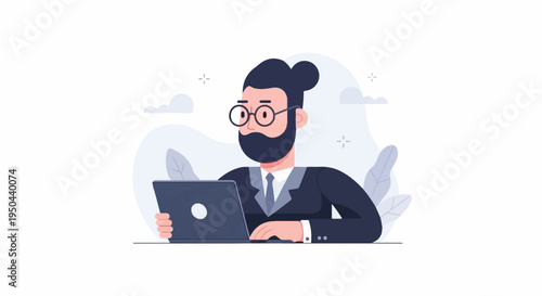 Man in suit with glasses and beard, using laptop computer