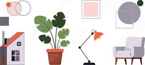 Minimalist home interior elements and abstract shapes on a white background