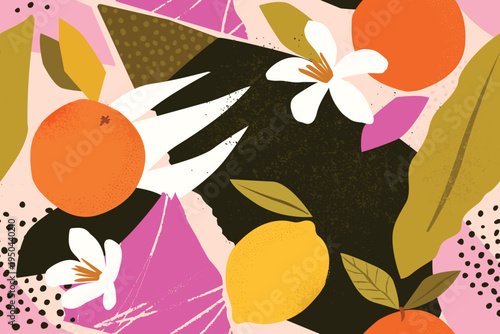Collage contemporary orange and lemon floral seamless pattern. Modern exotic jungle citrus fruits and plants illustration in vector.