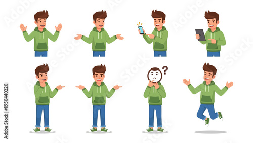 Expressive Expressions: Dynamic illustrations capture the essence of a vibrant male character in various poses, showcasing a spectrum of emotions and activities with a lively and engaging style.