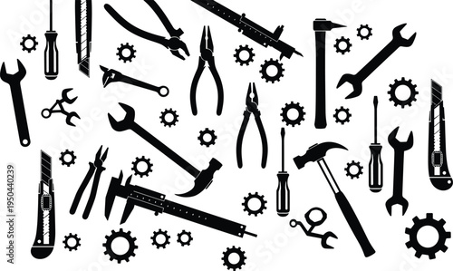 Hand tools silhouette illustration, wrenches, screwdrivers, pliers, hammers, utility knives, calipers, gear icons, construction equipment, DIY repair instruments, workshop essentials