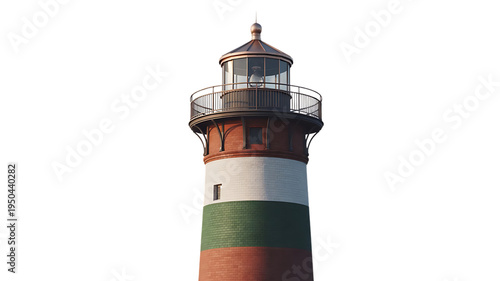 A traditional brick lighthouse tower featuring a large lantern room and a metal gallery railing isolated on transparent background