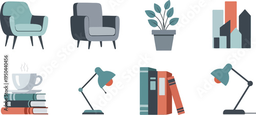 Flat illustration of cozy interior elements chairs, plant, books, lamps and abstract buildings