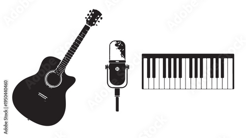 Black Guitar Microphone Piano Isolated On White For Music Production Concepts