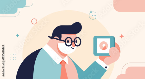 Cartoon man with glasses holds device showing profile icon with keyhole