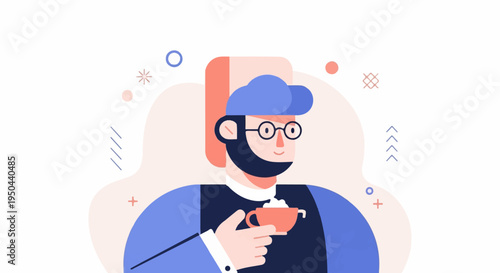Stylized man with beard, glasses, hat, holding a cup of coffee