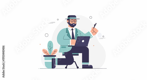 Bearded man with hat working on laptop in stylized office setting