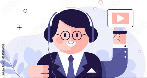 Friendly cartoon person with headphones and glasses holds a video player