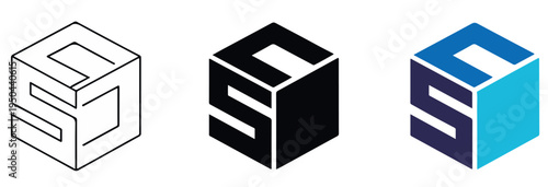 Black and white and colored cube icons with stylized letter S representing geometric logo variations