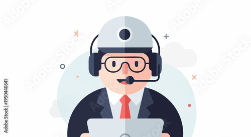 Cartoon illustration of a person with headset and hard hat holding a laptop