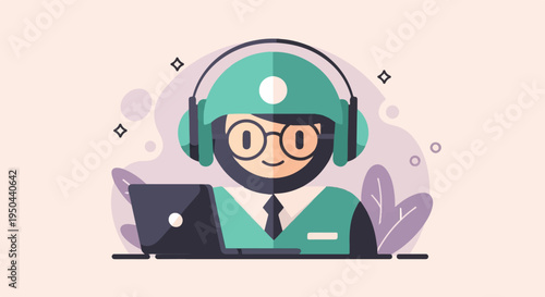 Friendly person with headphones and laptop, surrounded by abstract shapes and plants