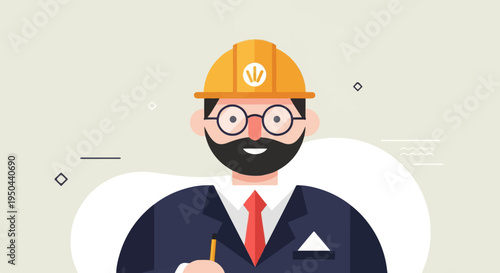 Flat illustration of a smiling engineer with a beard, glasses, and hard hat