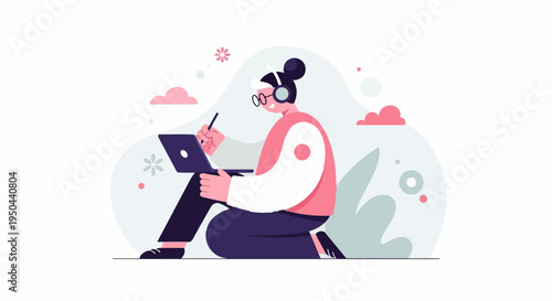 Person wearing headphones draws on a laptop while sitting on the floor