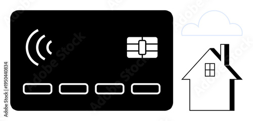 Cashless payment, smart home integration, cloud technology, online transactions, wireless communication, financial security. A credit card with a chip and contactless symbol, house, and cloud icon
