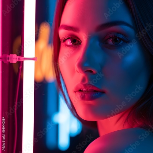 Close up portrait of a young woman illuminated by vibrant neon lighting