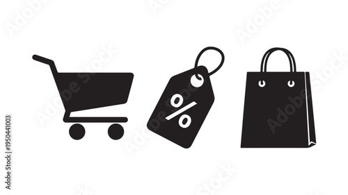 Shopping cart with discount tag and bag on white background for e-commerce concepts