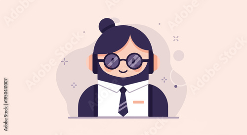 Cartoon character with bun, beard, glasses, and tie