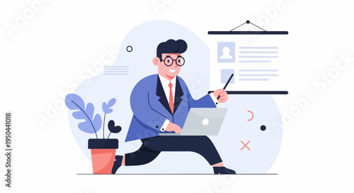 Enthusiastic teacher points at screen with laptop and plant