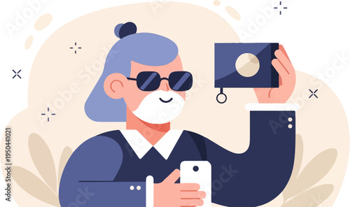 Elderly person with blue hair, sunglasses, taking a selfie with a camera