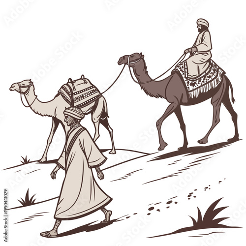 A man leads a camel while another man rides one
