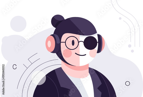 Stylized character with headphones and eyepatch, circular elements