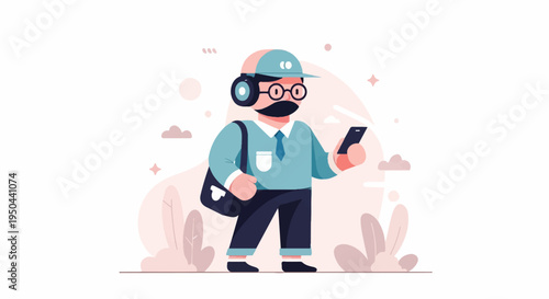 Stylized figure with headphones, mustache, glasses, and bag uses phone