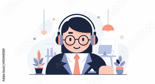 Friendly person wearing headphones and glasses in an office setting