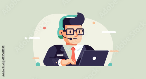 Cheerful person wearing headset and glasses, working on laptop