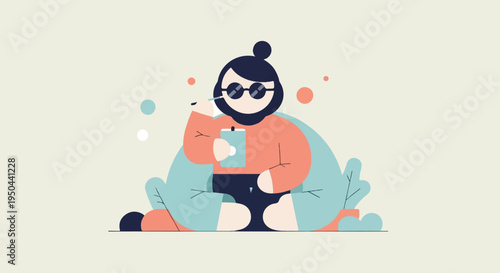 Casual person wearing sunglasses with a drink, surrounded by foliage