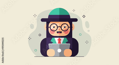 Cheerful cartoon person in hat and glasses uses laptop