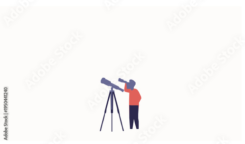 Astronomy Observer Man with Telescope Watching the Moon Vector Illustration