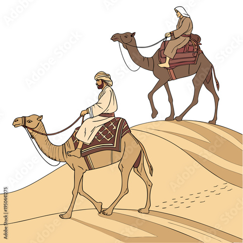 Two men riding camels through the desert