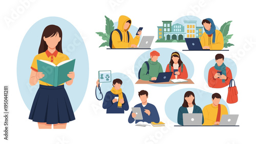 Academic Life: A collection of illustrations depicting students immersed in various academic pursuits. From focused reading to collaborative study.