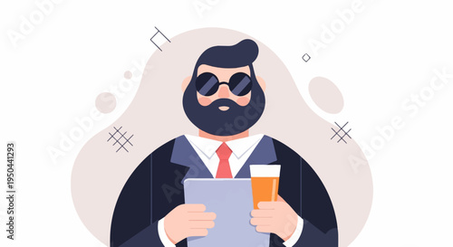 Stylized portrait of a bearded man in sunglasses and a suit holding a tablet