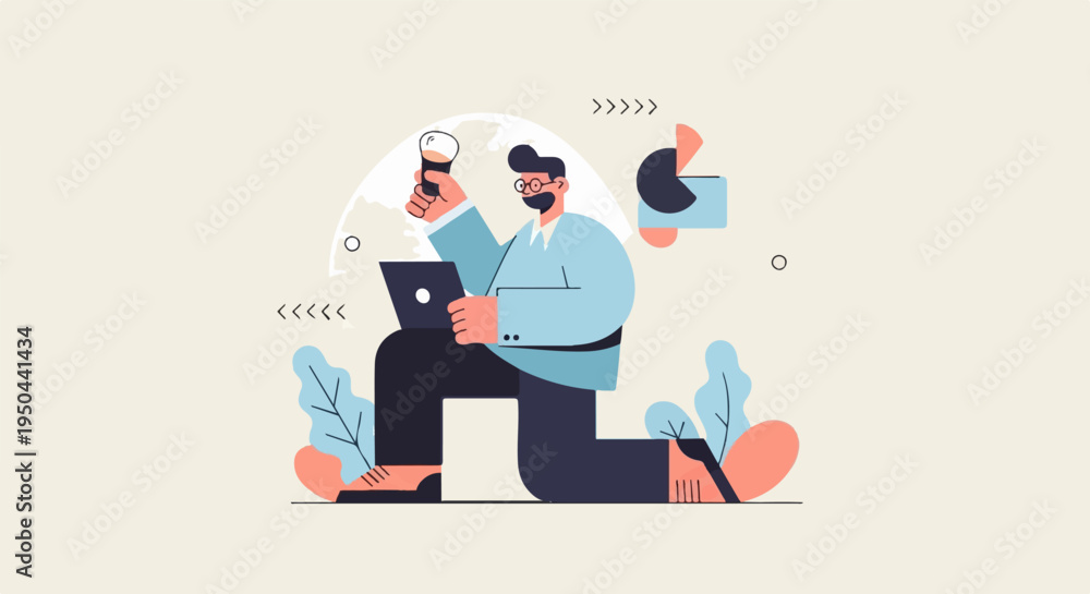 Fototapeta premium Animated man with laptop and coffee cup, abstract elements, plants, minimalist style