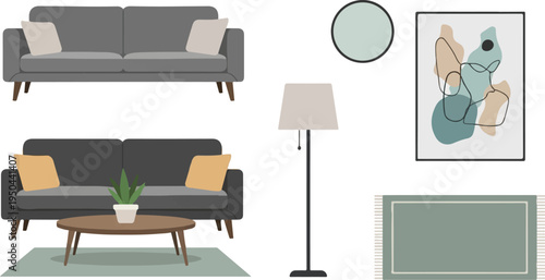 Modern living room arrangement with two sofas, coffee table, rug, and art