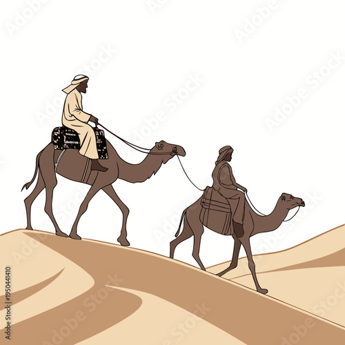 Two men riding camels through the desert
