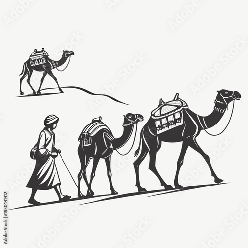A man leads two camels on a leash with another camel following
