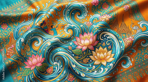 Songkran thai silk pattern showcasing vivid swirling waves, traditional golden temple motifs, playful water splashes, and elegant pink lotus flower artwork on rich fabric.