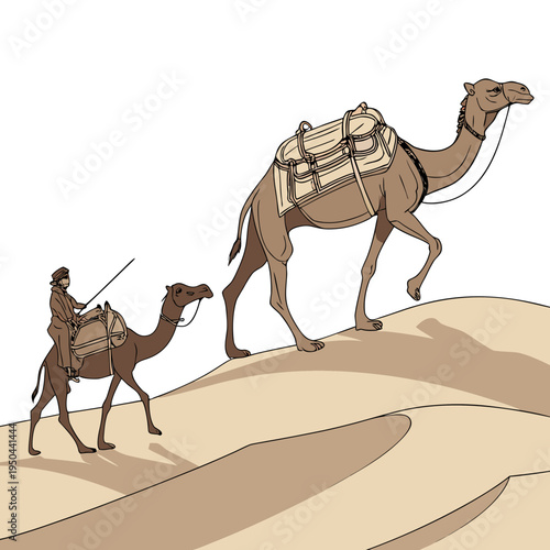 A man rides a camel through the desert