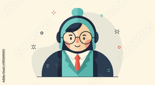 Friendly cartoon person with headset and glasses, smiling