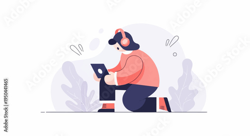 Person in headphones uses laptop while kneeling amidst plants