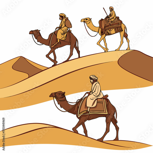 Men riding camels through the desert sand dunes